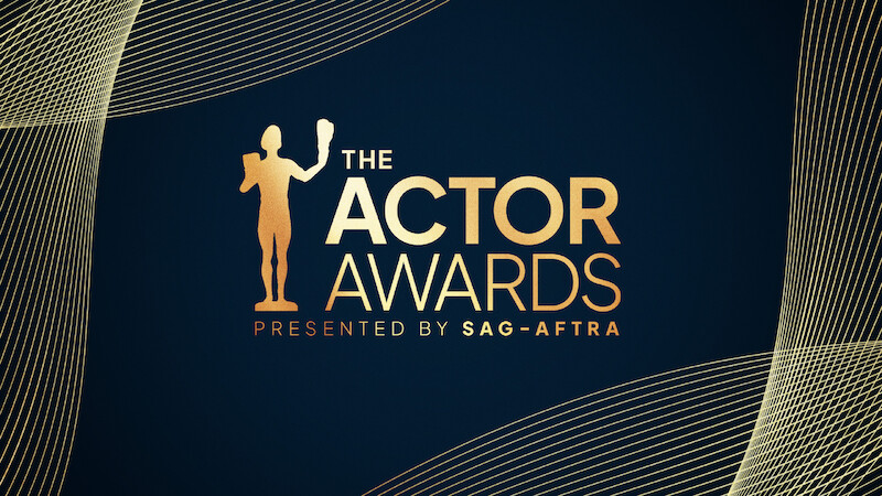Gold silhouette of an actor holding a mask beside the text "The Actor Awards presented by SAG-AFTRA" on a dark blue background with gold curved line designs.