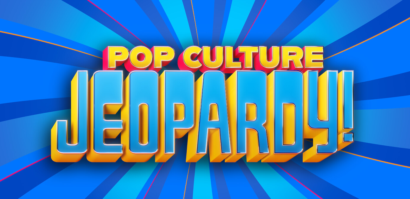 Pop Culture Jeopardy colorful logo with bold 3D yellow and blue text on a dynamic, radial blue background with light beams, resembling a game show title screen.