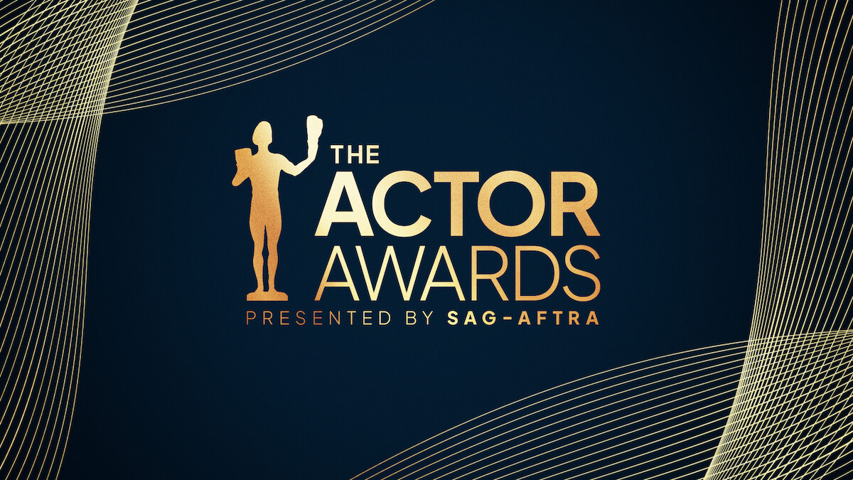 Gold text "The Actor Awards presented by SAG-AFTRA" with an actor trophy silhouette on a dark blue background with gold wave lines, representing an awards ceremony graphic.