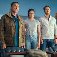 Arnold Schwarzenegger as Luke Brunner, Monica Barbaro as Emma Brunner, and Travis Van Winkle as Aldon Reece in 'FUBAR' Season 2.