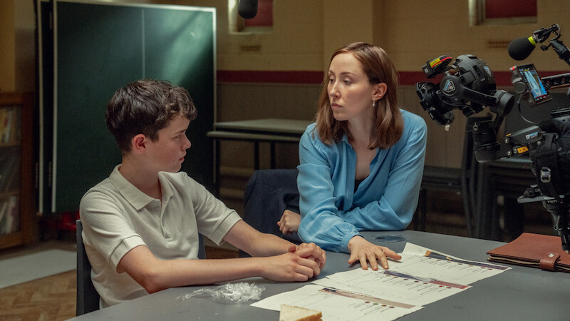 Owen Cooper as Jamie Miller, Erin Doherty as Briony Ariston, on the set of 'Adolescence'