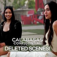 two women sitting at the edge of the pool looking like they are sharing secrets, "Calabasas Confidential" Deleted Scenes written in text