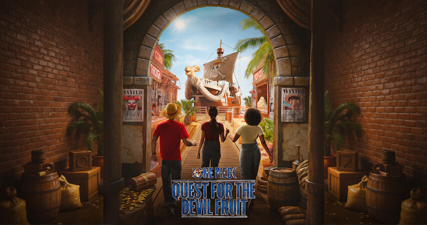Three people walk through a brick archway toward a pirate ship in a lively tropical port, surrounded by barrels, crates, wanted posters, and palm trees, evoking adventure and excitement.