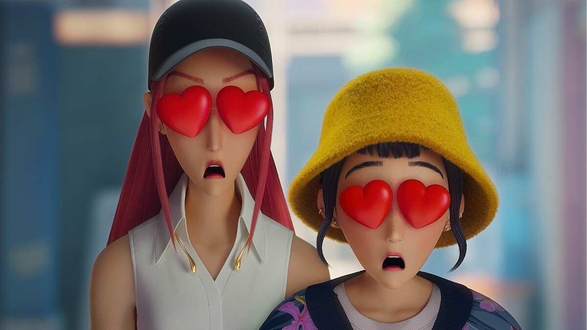Duas garotas com olhos em formato de coração