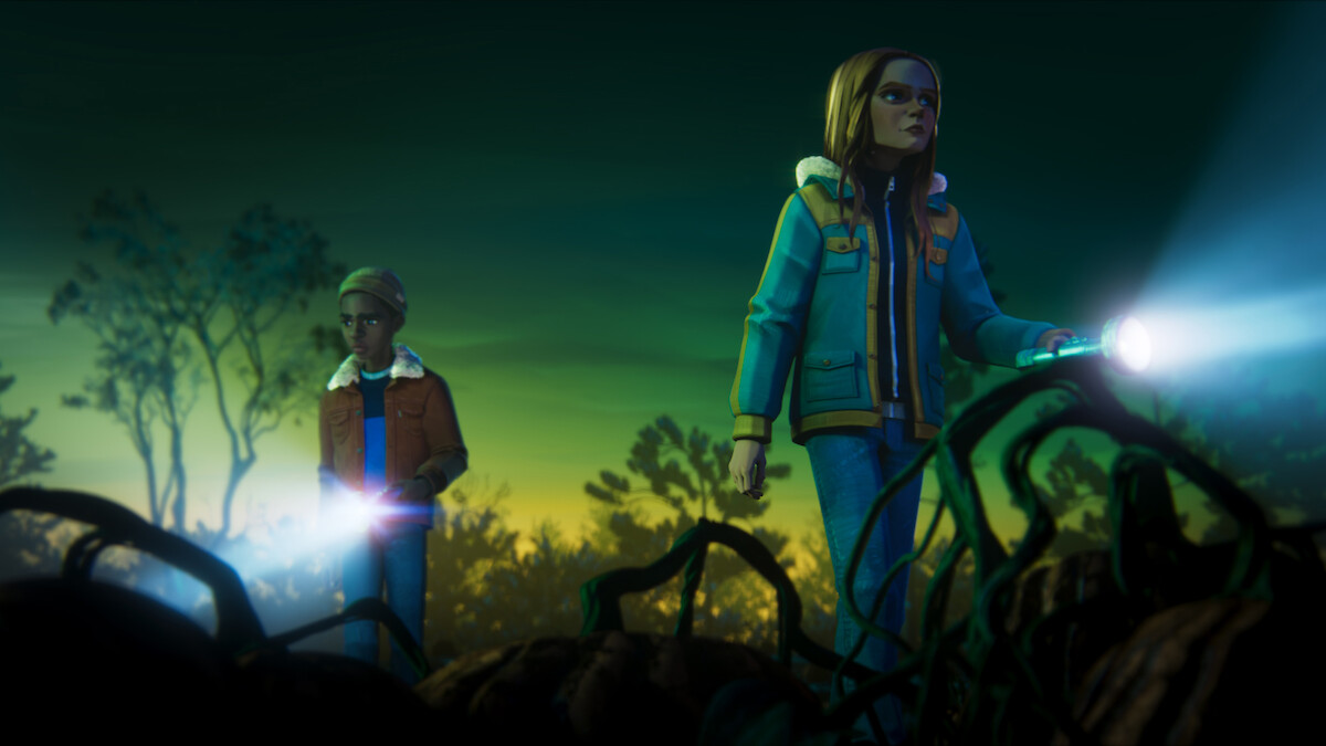 Two animated children explore a dark, eerie forest with flashlights at dusk. Twisted tree roots and foliage surround them, creating a mysterious atmosphere under a green and yellow sky.