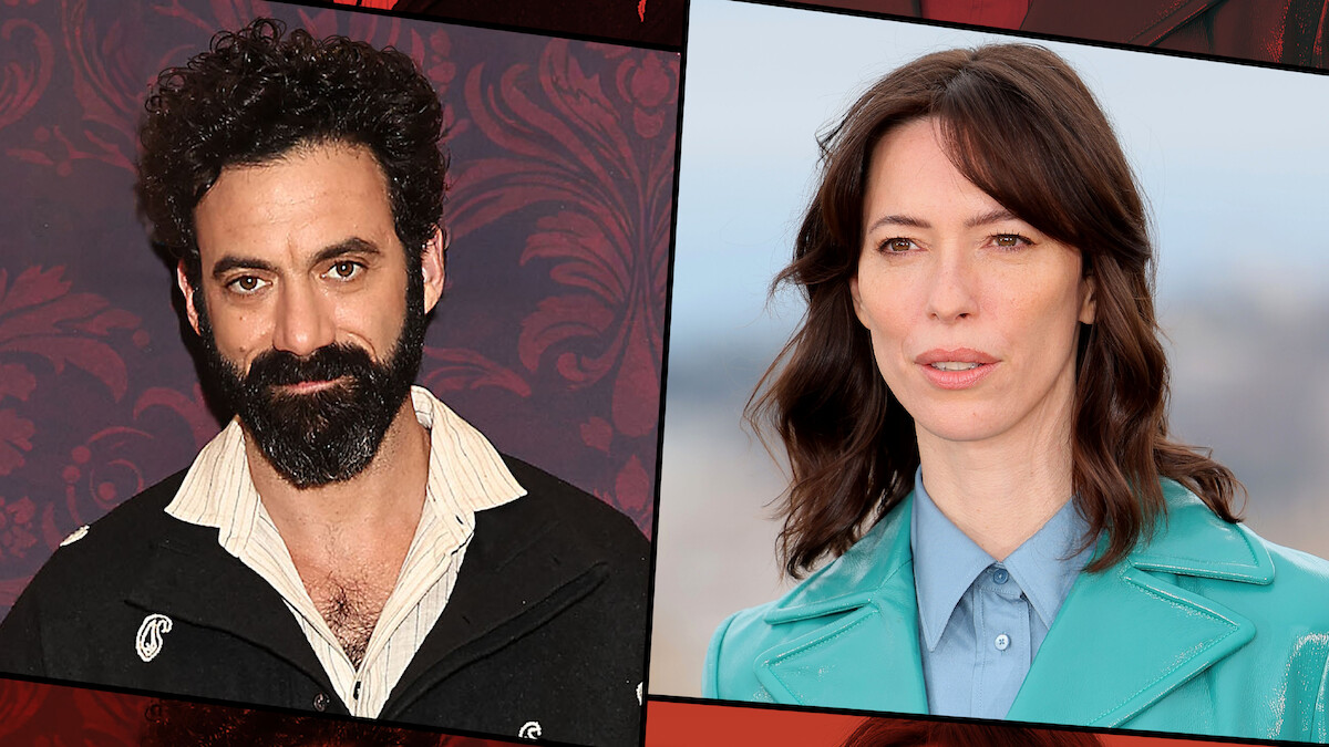 Two people are pictured side by side; the man on the left has curly dark hair and a beard, standing against a dark red patterned background, while the woman on the right has brown hair and wears a teal coat, outside with a blurred background.