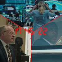 A countdown clock over footage from A HOUSE OF DYNAMITE