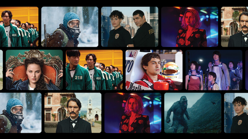 Staggered grid of photography from upcoming international Netflix shows and films.