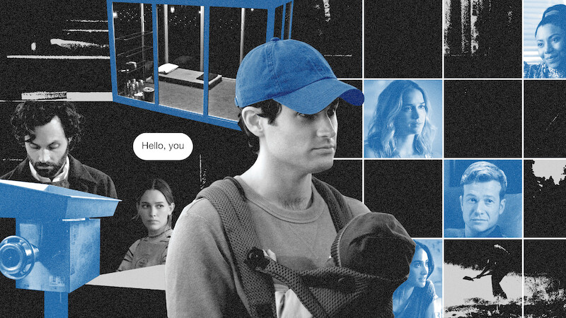 Collage of Penn Badgley as Joe Goldberg featuring various characters, props, and sets from You