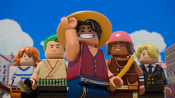 Five LEGO minifigures with varied outfits stand outdoors under a blue sky with clouds, appearing confident and adventurous in a cityscape setting.