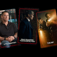 Three movie posters: a man sitting in an office ("Little Brother"), a suited man in a dark brick room ("Peaky Blinders: The Immortal Man"), and two armed men with flashlights in a tense, dark setting ("The Rip").