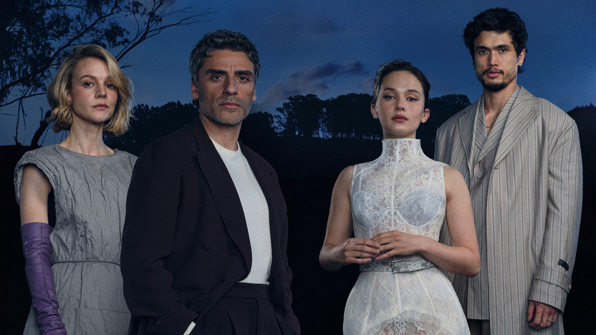Image of the cast of Beef against a moody backdrop