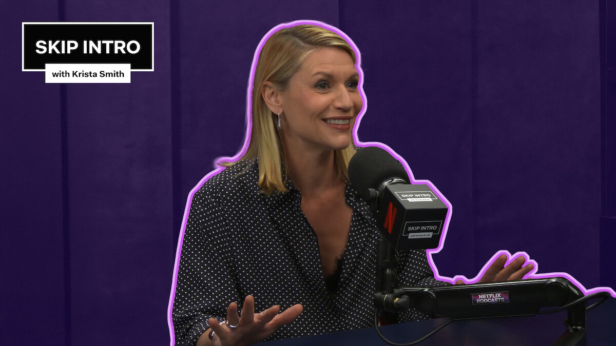 Claire Danes smiles while speaking into a podcast microphone in a purple studio, outlined with a neon accent, with a “Skip Intro with Krista Smith” graphic in the corner.
