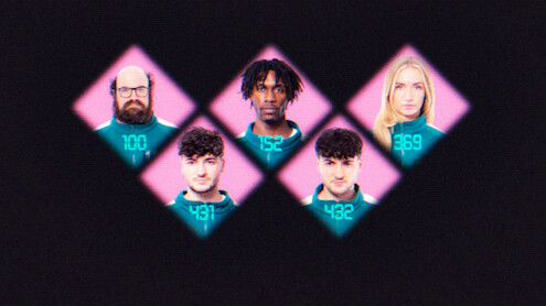 Five contestants wearing numbered uniforms are shown in glowing pink diamond frames against a dark background, giving a digital, competitive, and intense game show atmosphere.