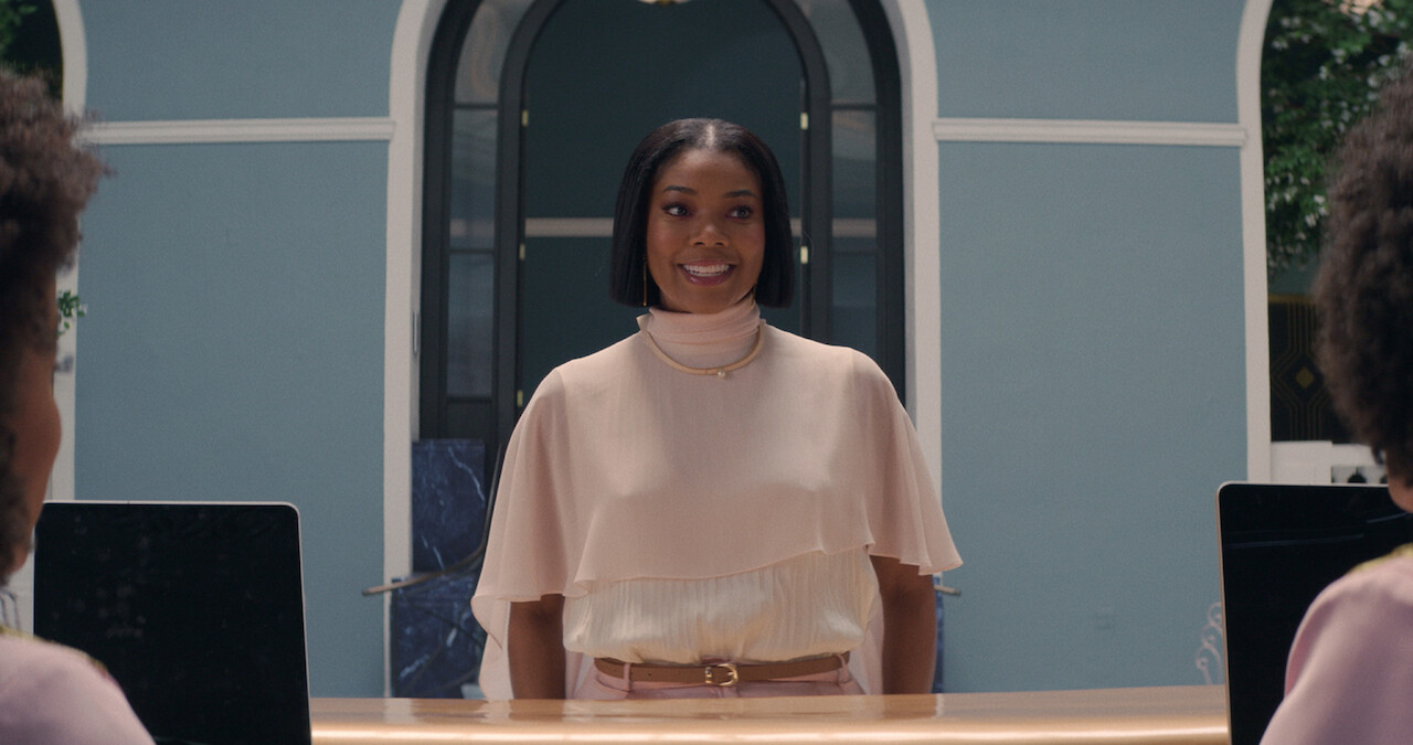 Gabrielle Union wears a pink cape top in 'The Perfect Find.'