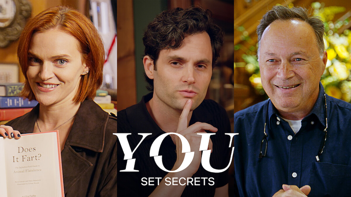 From left to right, a triptych of Madeline Brewer, Penn Badgley, and production designer Adam Scher on set of 'You'.