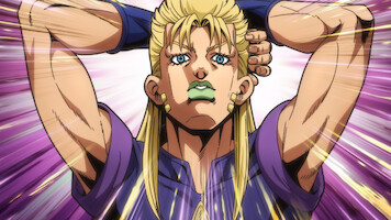 Anime character with long hair holding up his arms behind his head.