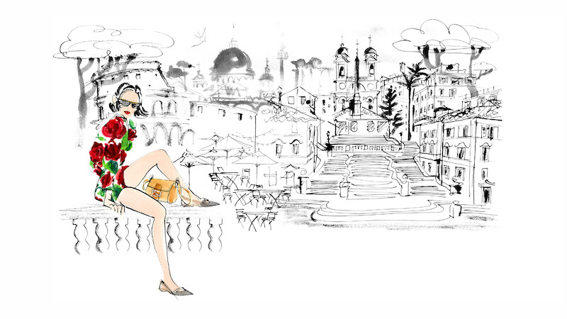 An illustration of Emily Cooper sitting on a carved stone ledge with the streets of Rome behind her, wearing the fabulous floral short and blouse set and fake Fendi Baguette purse that the marketing maven wore to meet the team at Fendi in Season 3 of Emily in Paris.