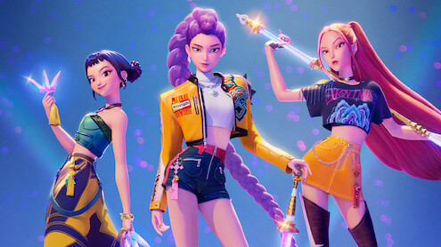 Animated still of three women holding weapons in 'Kpop Demon Hunters'