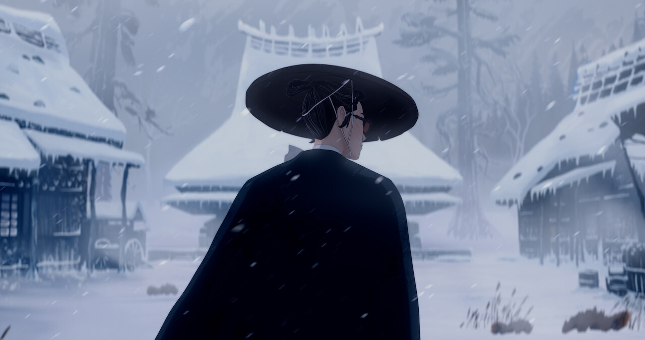 View of Mizu from behind walking through a snowy town.