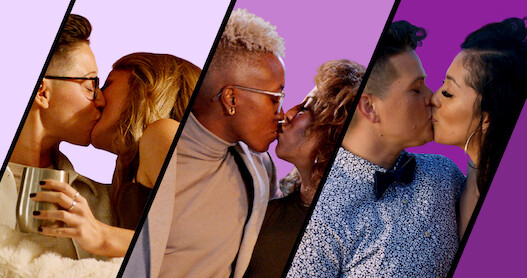 three couples kiss against a purple backdrop