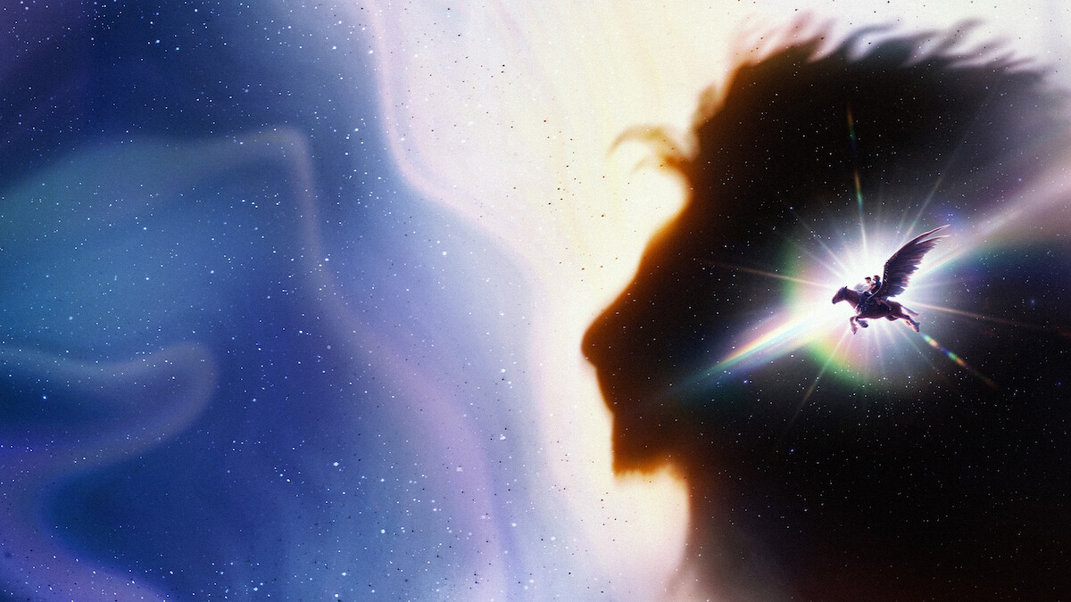A cosmic scene featuring the silhouette of a lion’s head in space with a glowing pegasus flying past a burst of colorful light, set against a background of swirling stars and nebulae.