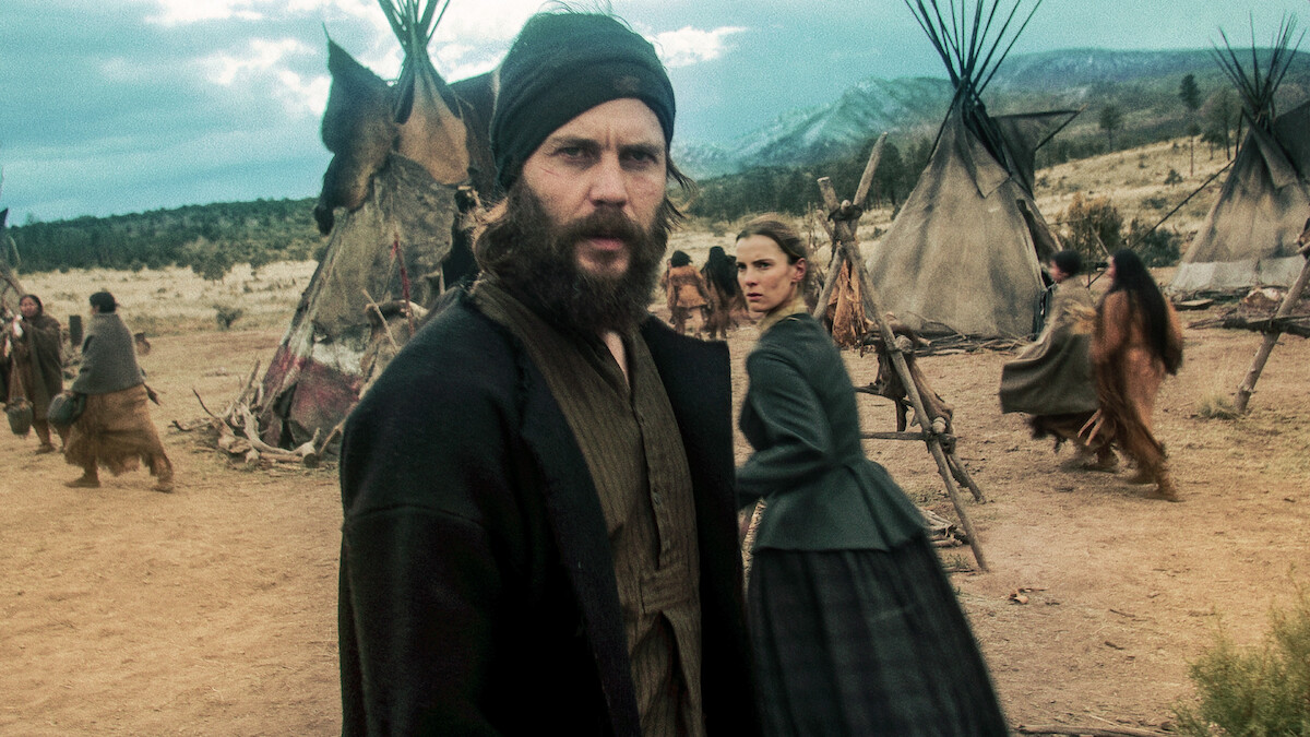 Taylor Kitsch as Issac and Betty Gilpin as Sara Rowell in 'American Primeval'