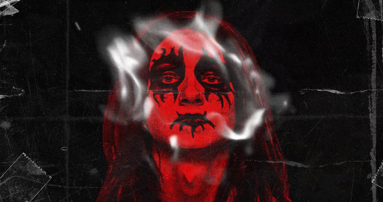 A red, white and black image of Hunter in corpse paint from the film 'Metal Lords'