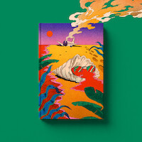 Surreal beach scene with a shell wearing sunglasses, lush plants on sand, a crashed airplane smoking in the sunset background, vivid colors and imaginative illustration style.