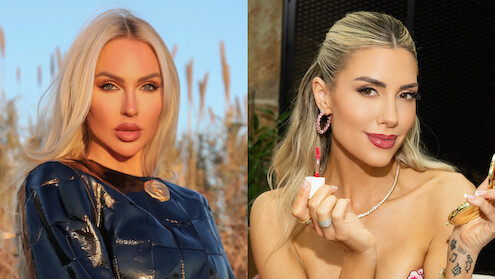 Two women side by side; left: blonde woman outdoors in shiny dark jacket with tall grass and blue sky in background; right: woman indoors with light hair applying lipstick, wearing jewelry, in a warm, elegant setting.