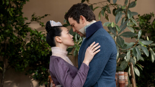 Bridgerton. (L to R) Yerin Ha as Sophie Baek, Luke Thompson as Benedict Bridgerton in episode 406 of Bridgerton. Cr. Liam Daniel/Netflix © 2025