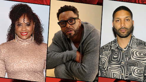 Three adults in separate portrait photos: a woman in a sparkly gold top, a man with glasses in a gray sweater, and a man in a patterned shirt, all set against different backgrounds with a graphic border.