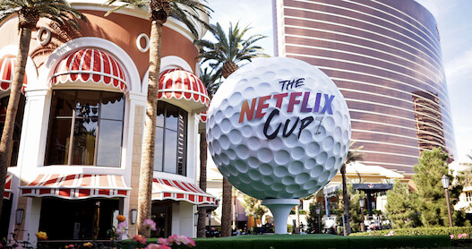 A giant golf ball with The Netflix Cup logo in Las Vegas.