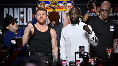Canelo Álvarez, Dana White, CEO, UFC and Terence Crawford are seen onstage during the Canelo Álvarez vs. Terence Crawford Las Vegas Press Conference at T-Mobile Arena