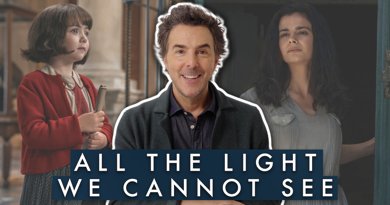 Headshot of director Shawn Levy is placed infront of two images of the Marie-Laure Leblanc characters from the series 'All the Light We Cannot See"