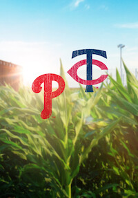 Philadelphia Phillies and Minnesota Twins baseball team logos over a sunlit cornfield with a partly cloudy sky, evoking a rural outdoor baseball setting.