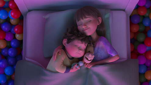 Stevie (12) and her little brother Elliot (8) in their traveling bed with stuffed animal companion Baloney Tony (Craig Robinson) inside of a dream world surrounded by plastic balls.