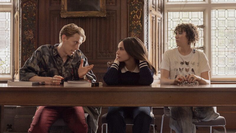 Harry Trevaldwyn as Charlie, Sofia Carson as Anna and Esmé Kingdom as Maggie talk in a classroom in 'My Oxford Year.'