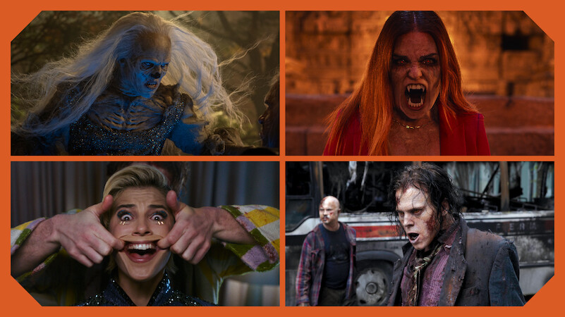 Collage of horror characters: an icy creature in armor, a fierce woman baring fangs, a smiling person making a face, and two grimy figures in a post-apocalyptic urban setting with a wrecked vehicle.