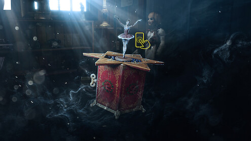 A ballerina figurine on a vintage music box in a dusty, dimly lit room with rays of light, an eerie figure in the background, and a mysterious atmosphere suggesting suspense or horror.