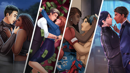 Illustrative game art for the mobile game 'Secrets by Episode', featuring various couples embracing.