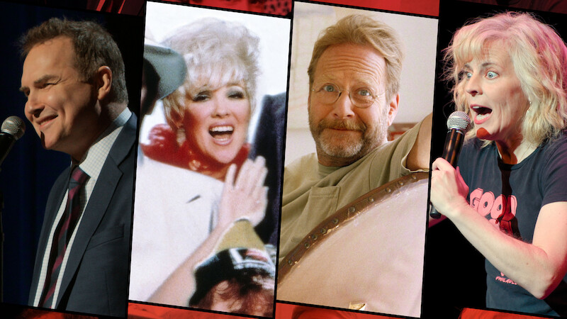 Four comedians in split panels: one smiling at a microphone on stage, one glamorous woman waving in a vintage photo, one man with glasses relaxed indoors, and one woman energetically performing stand-up comedy with a microphone.