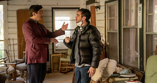 Benicio Del Toro and director Grant Singer in a still from the set of 'Reptile.'