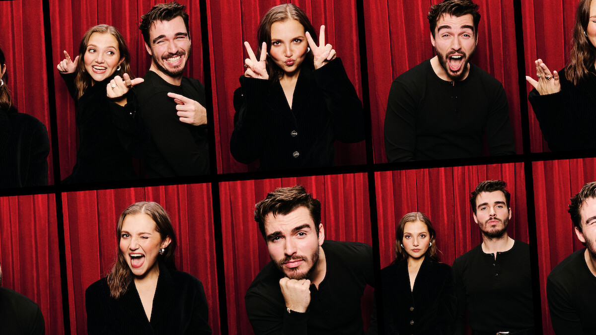 Mia McKenna-Bruce and Corey Mylchreest in a photobooth