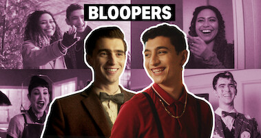 George Rexstrew (Edwin) and Jayden Revri (Charles) smiling in front of a light purple quadrant background with stills of Kassius Nelson (Crystal) and Briana Cuoco (Jenny Green).