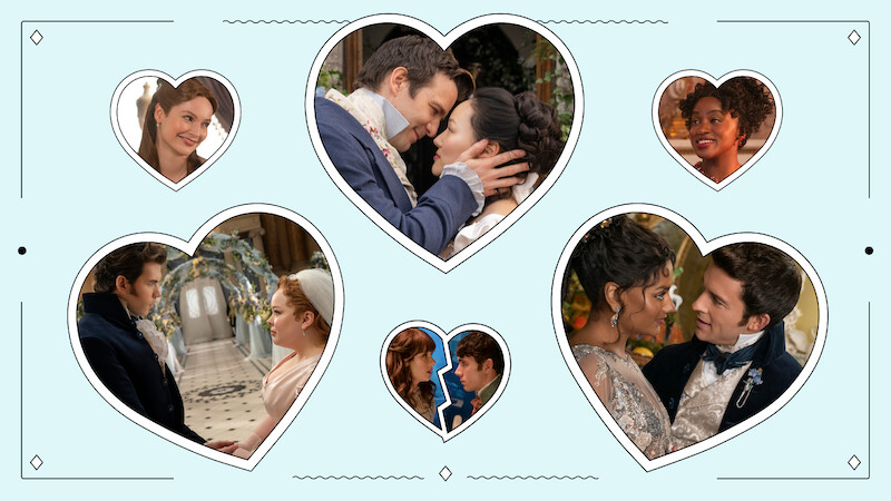 Colagem de casais românticos e pessoas em trajes de época em imagens com formato de coração sobre um fundo azul-claro, evocando um tema de romance histórico com interiores luxuosos e expressões afetuosas.