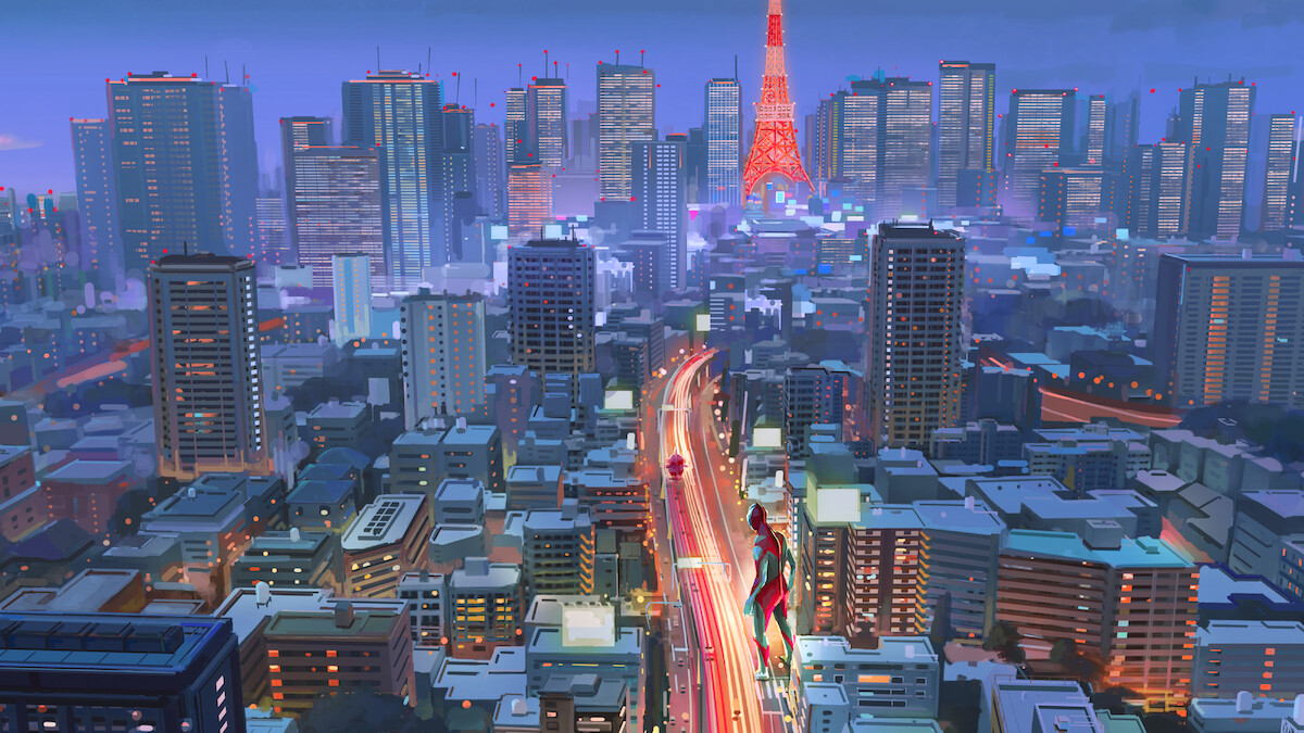 Production design sketch of Ken Sato as Ultraman (Christopher Sean) and Baby Emi in the streets of Tokyo by Ryo Yambe.