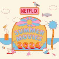A beachy illustration with sand, pelicans, seagulls, palm trees, sand castles, a fruity drink with an umbrella and beach ball. 'Summer Movies 2024' 