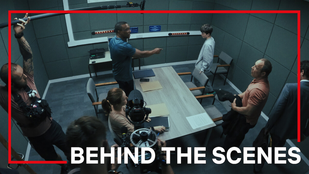 Faye Marsay as Detective Sargeant Frank, Ashley Walters as Detective Inspector Bascombe, Owen Cooper as Jamie Miller, Stephen Graham as Eddie Miller, Mark Stanley as Paulie Hunter, on the set of 'Adolescence'