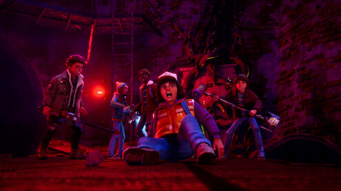 Stranger Things: Tales From 85 characters Dustin, Will, Mike, Max, and Nikki reacting with horror to something we the audience cannot see.